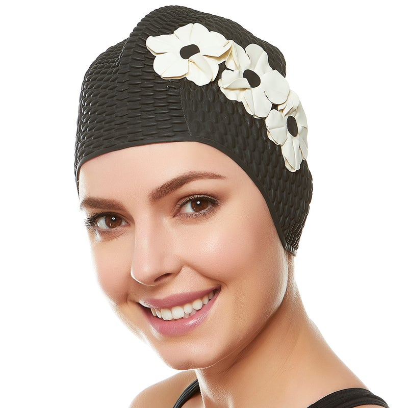 Beemo Latex Swimming Cap for Women, Swim Cap for Long Hair or Short Hair, Bath & Swim Caps to Shield Hair from Damage, Use as Large Shower Cap, Black Swimming Cap with White Flowers - Image 1